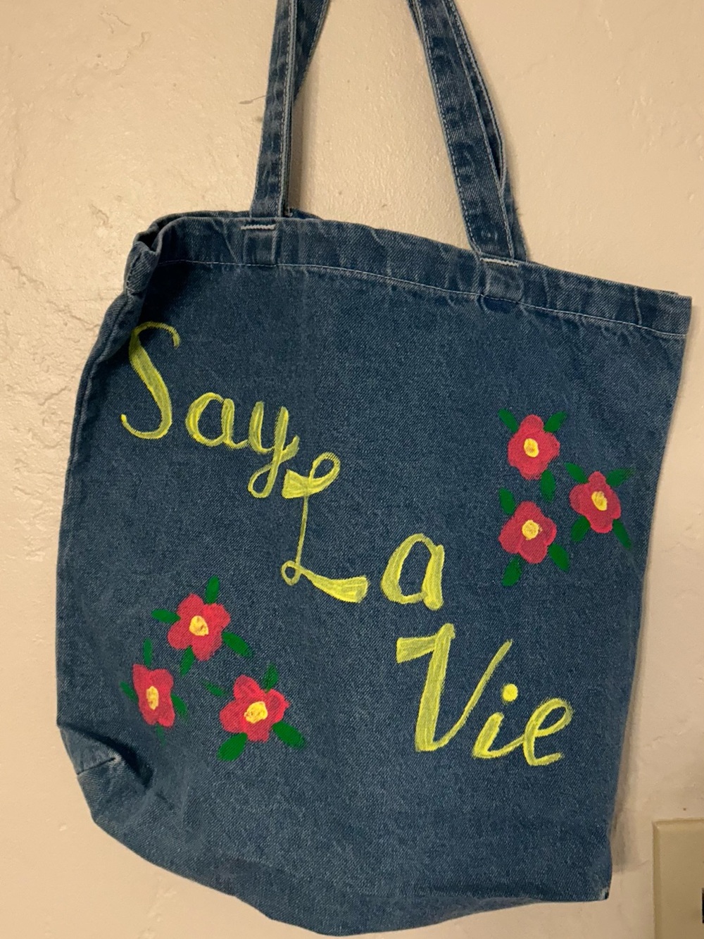 Denim Tote with Yellow Script & Pink Floral paint cold spring harbor(CSH)